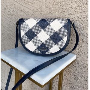 KATE SPADE Navy Blue & White Leather Woven Gingham Plaid Luna Flap Crossbody Bag